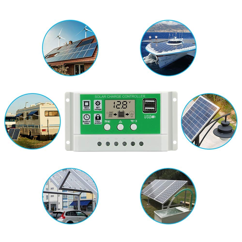 Verilux 10A Solar Charge Controller 12V / 24V, Solar Regulator Lithium Battery/Lead Acid with Dual USB LCD Display, Adjustable parameters Backlit LCD Display and Timing Settings Verilux 10A Solar Charge Controller 12V / 24V, Solar Regulator Lithium Battery/Lead Acid with Dual USB LCD Display, Adjustable parameters Backlit LCD Display and Timing Settings